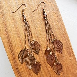 Gold Leaf Dangle Earrings With Crytstal Accents